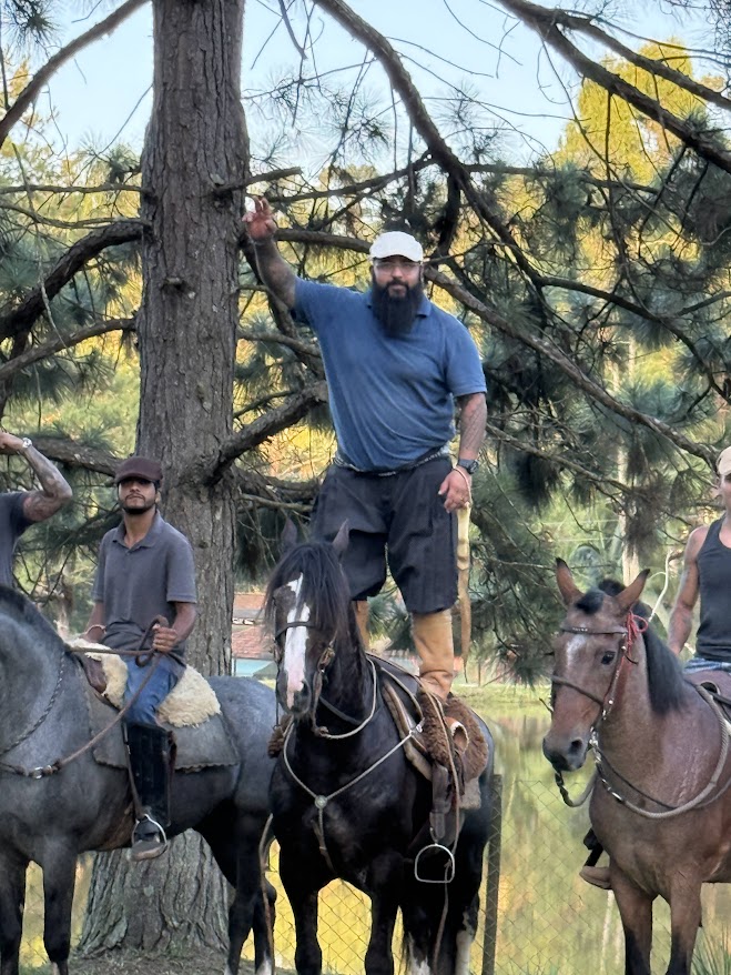 Mestre em pé sobre cavalo em vivência